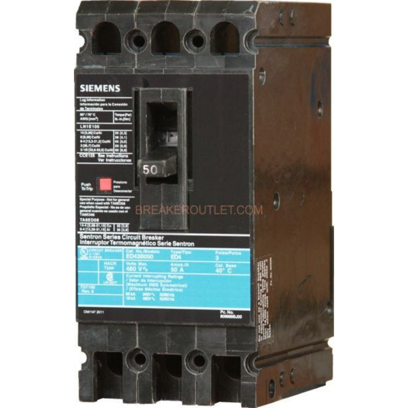 ED43B070L Siemens Sentron ED Molded Case Circuit Breaker 70 A 3 Pole 480 VAC ED 125A Frame Thermal Magnetic Line and Load Side Lug 18 kA