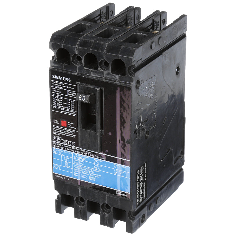 ED43B080L Siemens Sentron ED Molded Case Circuit Breaker 80 A 3 Pole 480 VAC ED 125A Frame Thermal Magnetic Line and Load Side Lug 18 kA