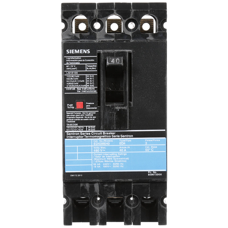 ED43M040 Siemens Sentron ED Molded Case Circuit Breaker 40 A 3 Pole 480 VAC Thermal Magnetic Load Lug 18 kA