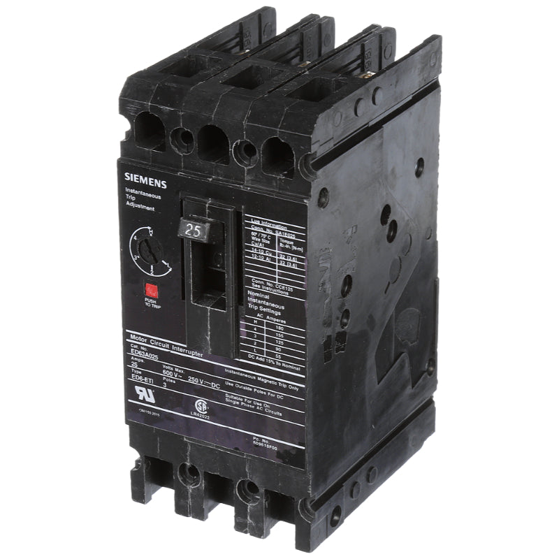 ED63A025 Siemens Sentron ED Molded Case Circuit Breaker 25 A 3 Pole 600 VAC Thermal Magnetic Load Lug 18 kA