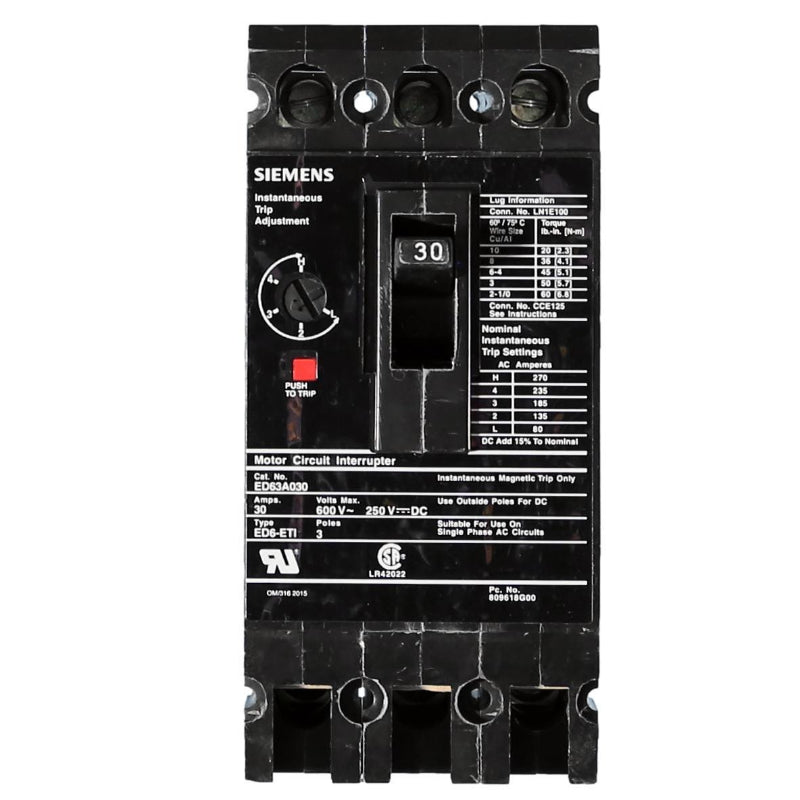 ED63A030 Siemens Sentron ED Molded Case Circuit Breaker 30 A 3 Pole 600 VAC Thermal Magnetic Load Lug 18 kA