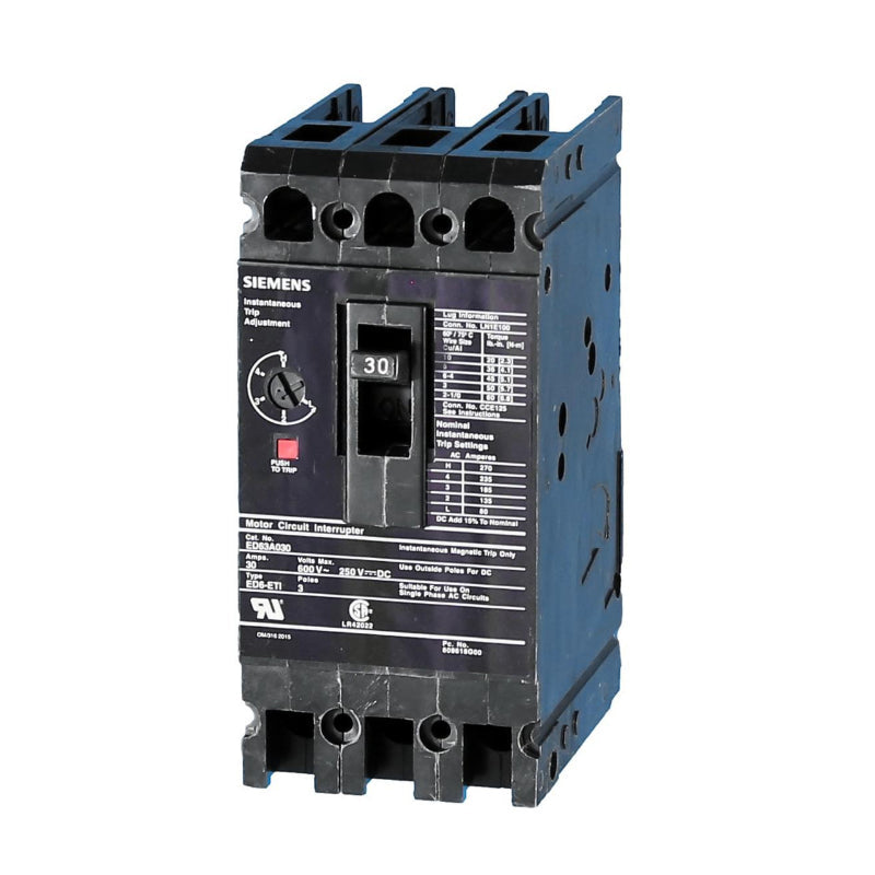 ED63A030 Siemens Sentron ED Molded Case Circuit Breaker 30 A 3 Pole 600 VAC Thermal Magnetic Load Lug 18 kA
