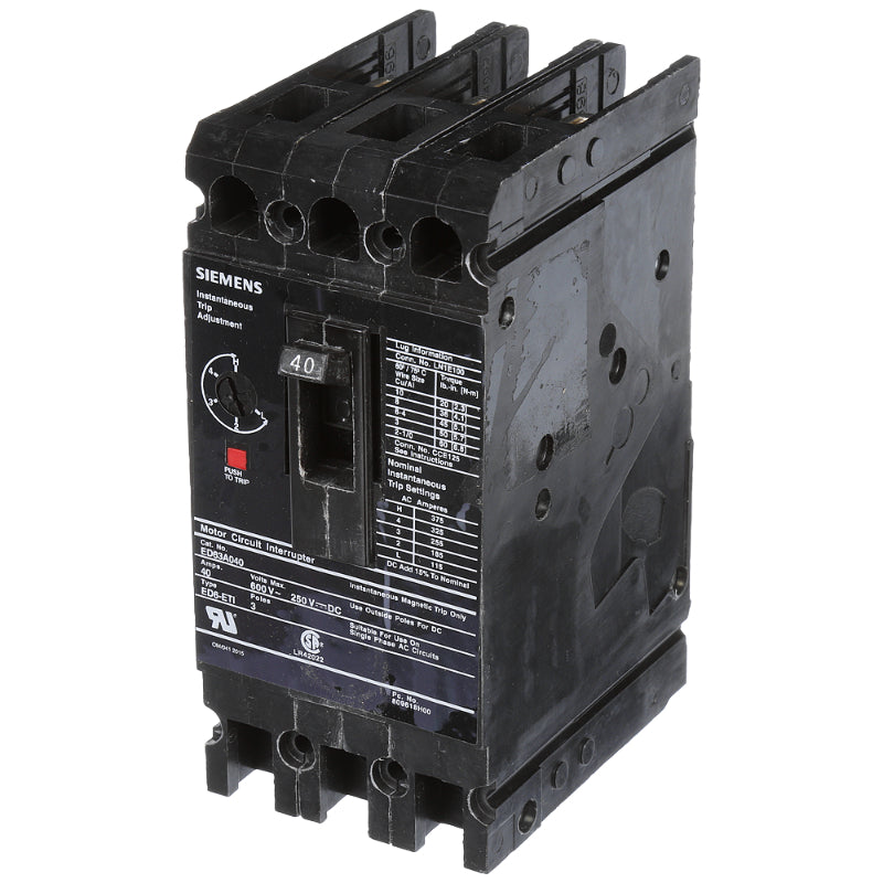 ED63A040 Siemens Sentron ED Molded Case Circuit Breaker 40 A 3 Pole 600 VAC Thermal Magnetic Load Lug 18 kA