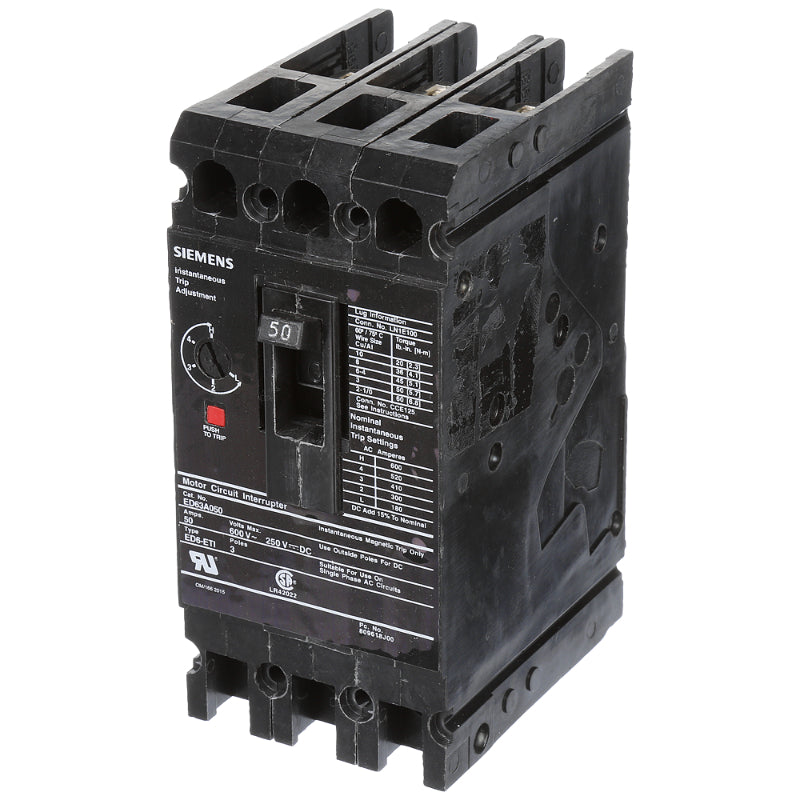 ED63A050 Siemens Sentron ED Molded Case Circuit Breaker 50 A 3 Pole 600 VAC Thermal Magnetic Load Lug 18 kA