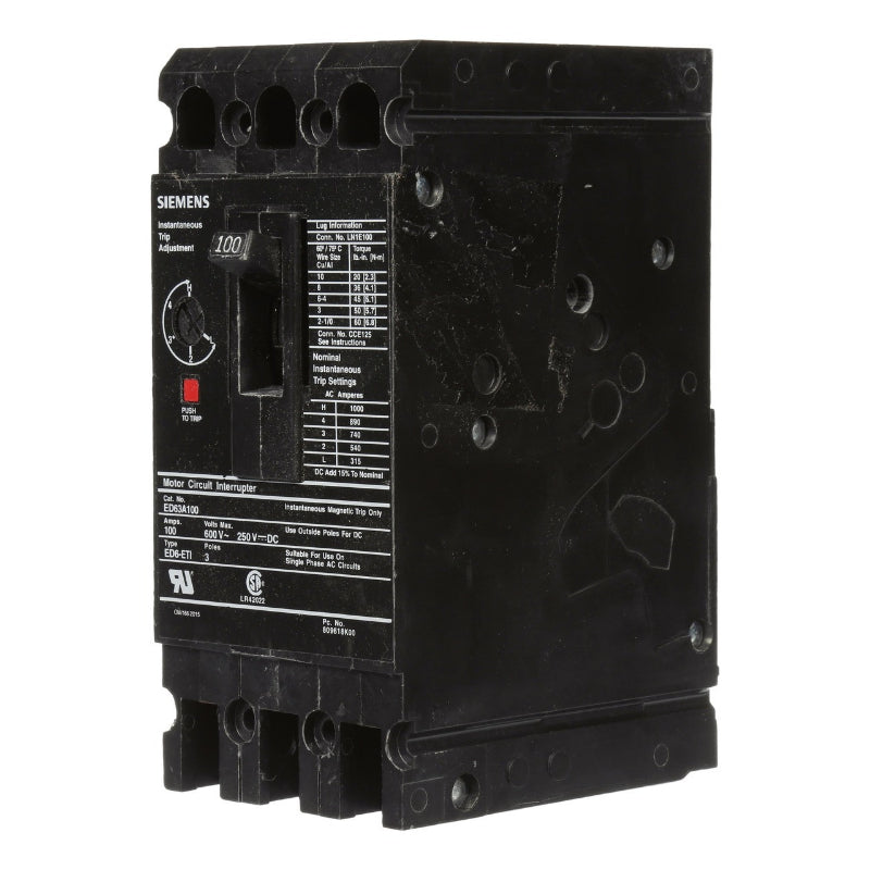ED63A100 Siemens Sentron ED Molded Case Circuit Breaker 100 A 3 Pole 600 VAC Thermal Magnetic Load Lug 18 kA