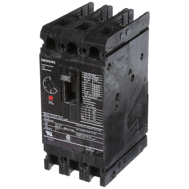ED63A100 Siemens Sentron ED Molded Case Circuit Breaker 100 A 3 Pole 600 VAC Thermal Magnetic Load Lug 18 kA