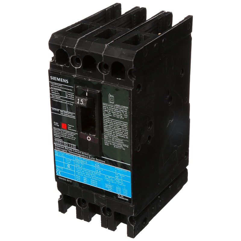 ED63B015 Siemens Sentron ED Molded Case Circuit Breaker 15 A 3 Pole 600 VAC Thermal Magnetic Load Lug 25 kA