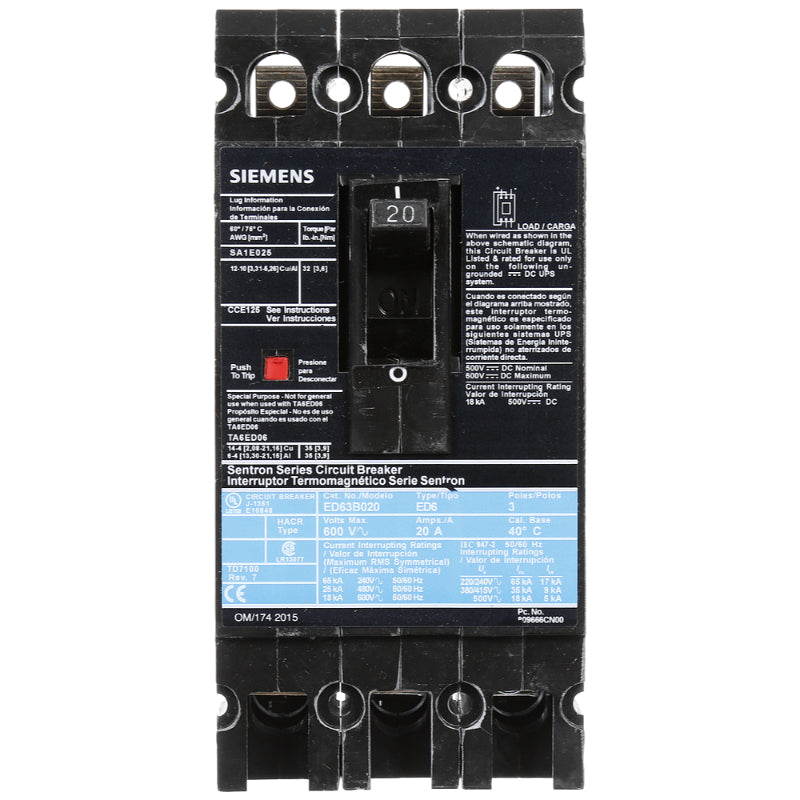 ED63B020 Siemens Sentron ED Molded Case Circuit Breaker 20 A 3 Pole 600 VAC ED 125A Frame Thermal Magnetic Load Lug 25 kA