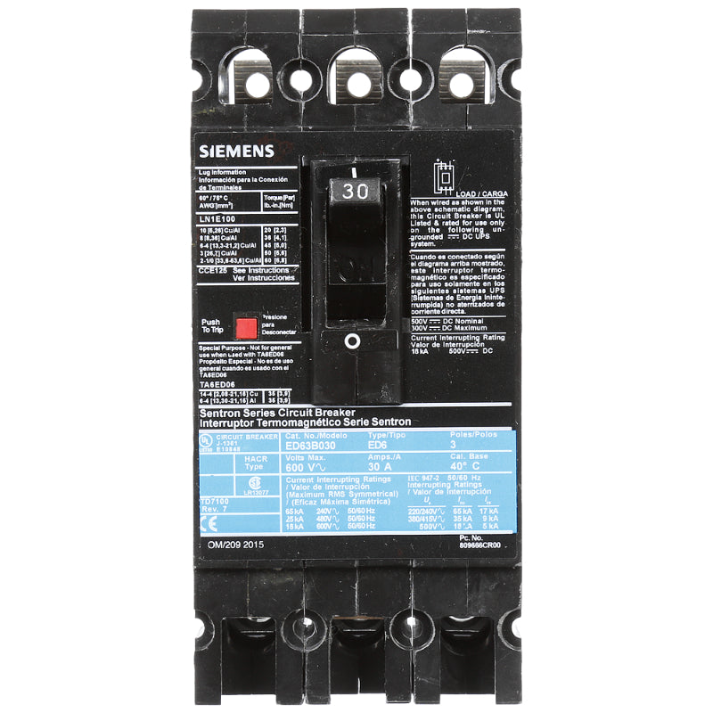 ED63B030 Siemens Sentron ED Molded Case Circuit Breaker 30 A 3 Pole 600 VAC ED 125A Frame Thermal Magnetic Load Lug 25 kA