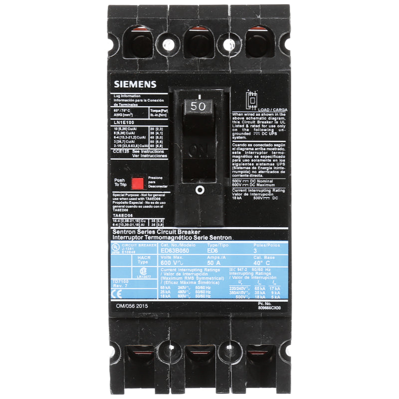 ED63B050L Siemens Sentron ED Molded Case Circuit Breaker 50 A 3 Pole 600 VAC ED 125A Frame Thermal Magnetic Line and Load Side Lug 25 kA