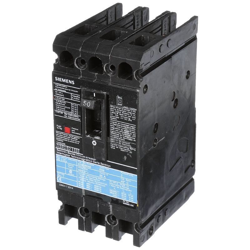 ED63B050 Siemens Sentron ED Molded Case Circuit Breaker 50 A 3 Pole 600 VAC ED 125A Frame Thermal Magnetic Load Lug 25 kA
