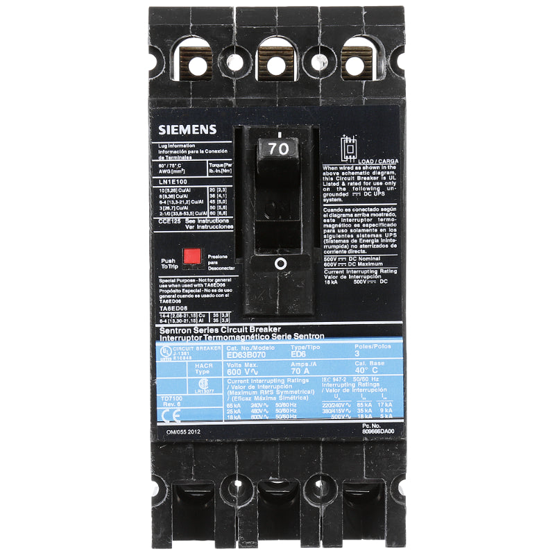 ED63B070 Siemens Sentron ED Molded Case Circuit Breaker 70 A 3 Pole 600 VAC ED 125A Frame Thermal Magnetic Load Lug 25 kA