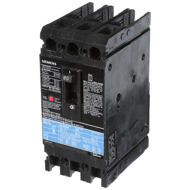 ED63B080L Siemens Sentron ED Molded Case Circuit Breaker 80 A 3 Pole 600 VAC ED 125A Frame Thermal Magnetic Line and Load Side Lug 25 kA
