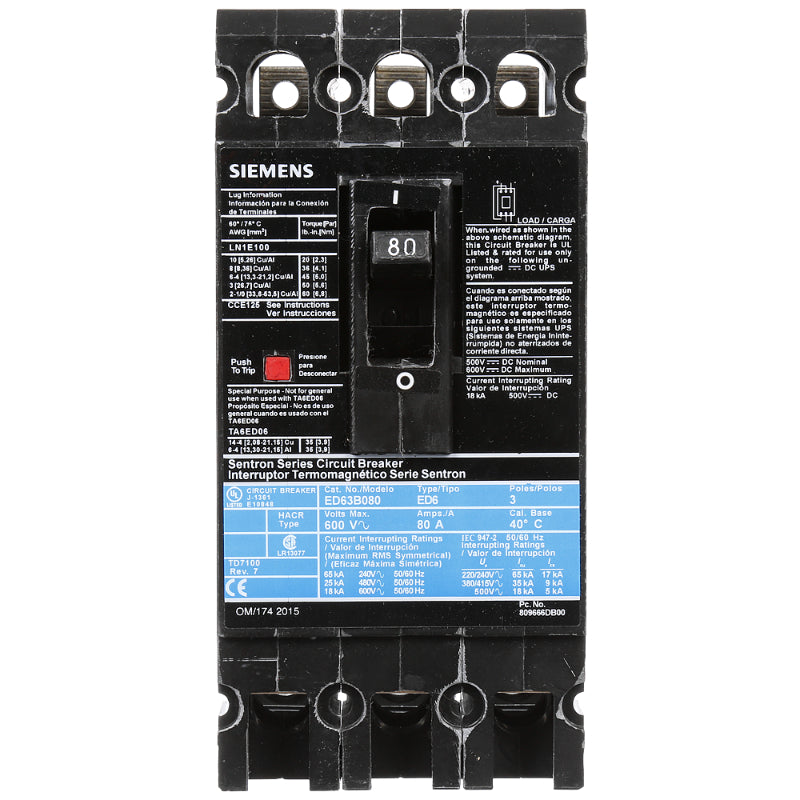 ED63B080 Siemens Sentron ED Molded Case Circuit Breaker 80 A 3 Pole 600 VAC ED 125A Frame Thermal Magnetic Load Lug 25 kA