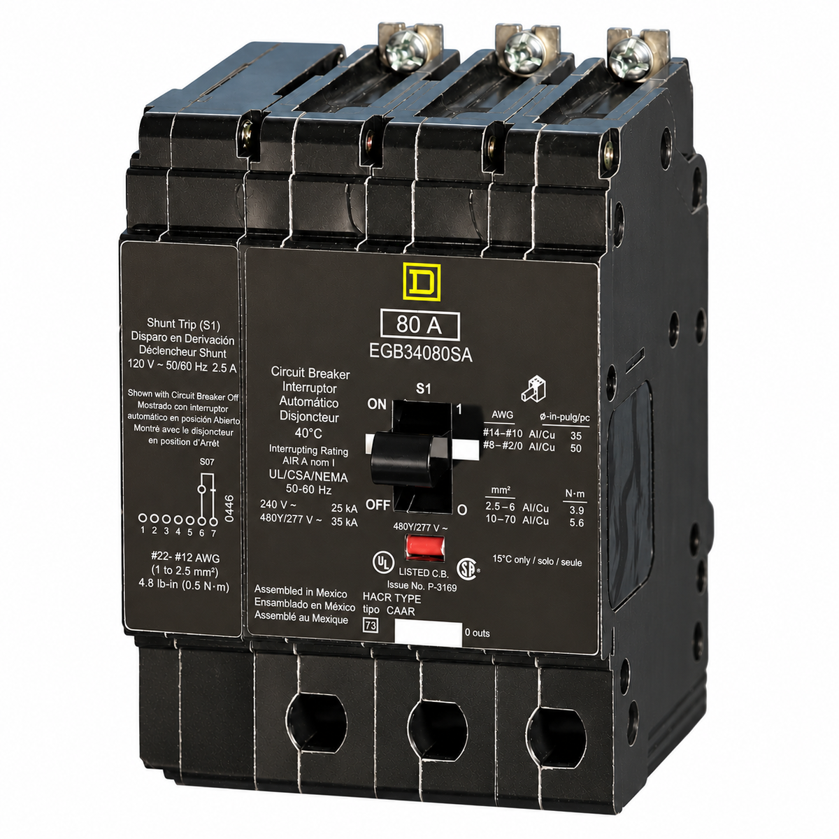 Illustrative edited image of Square D EGB34080SA 80A three-pole circuit breaker with 120V shunt trip and 35kA at 480Y/277V