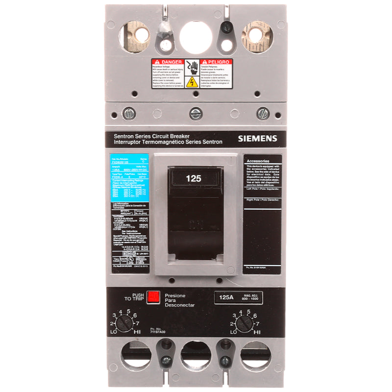 FXD62B125 Siemens Sentron & FXD6-A Molded Case Circuit Breaker 125 A 2 Pole 600 VAC FD 250A Frame Thermal Magnetic 65 kA