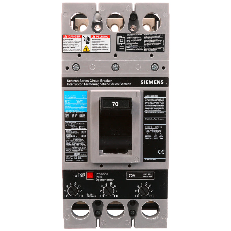 FXD63B070 Siemens Sentron & FXD6-A Molded Case Circuit Breaker 70 A 3 Pole 600 VAC FD 250A Frame Thermal Magnetic 65 kA