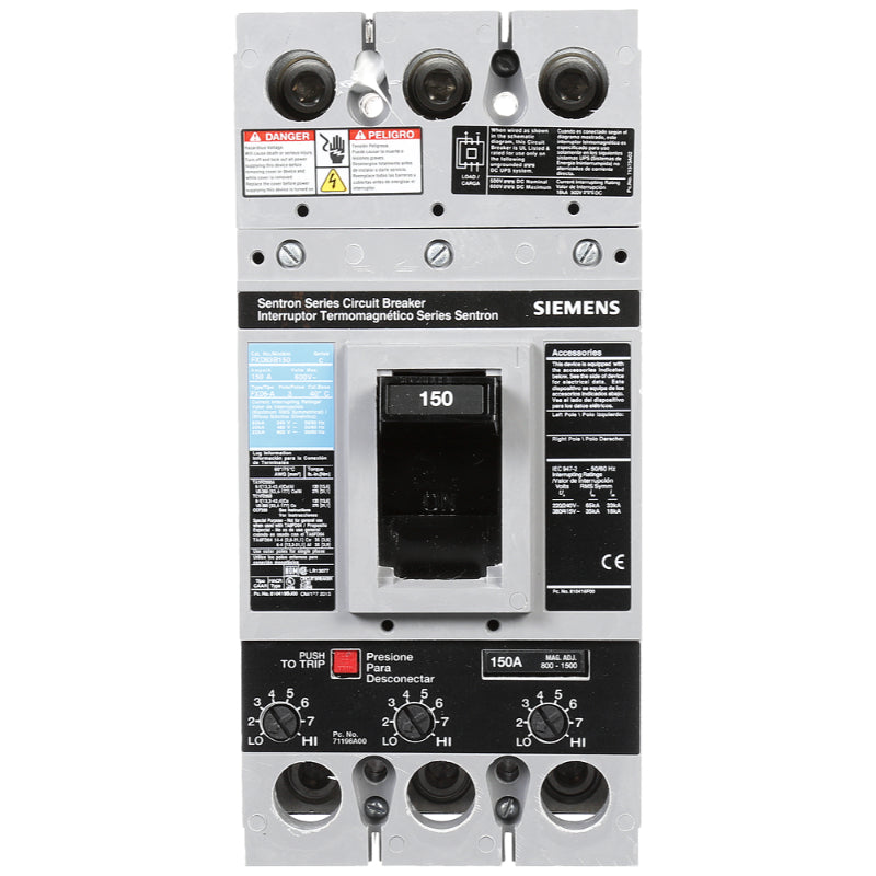 FXD63B150L Siemens Sentron & FXD6-A Molded Case Circuit Breaker 150 A 3 Pole 600 VAC FD 250A Frame Thermal Magnetic Line and Load Side Lug 65 kA