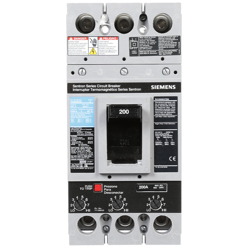 FXD63B200L Siemens Sentron & FXD6-A Molded Case Circuit Breaker 200 A 3 Pole 600 VAC FD 250A Frame Thermal Magnetic Line and Load Side Lug 65 kA