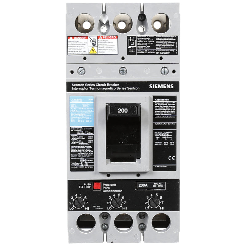 FXD63B200 Siemens Sentron & FXD6-A Molded Case Circuit Breaker 200 A 3 Pole 600 VAC FD 250A Frame Thermal Magnetic 65 kA