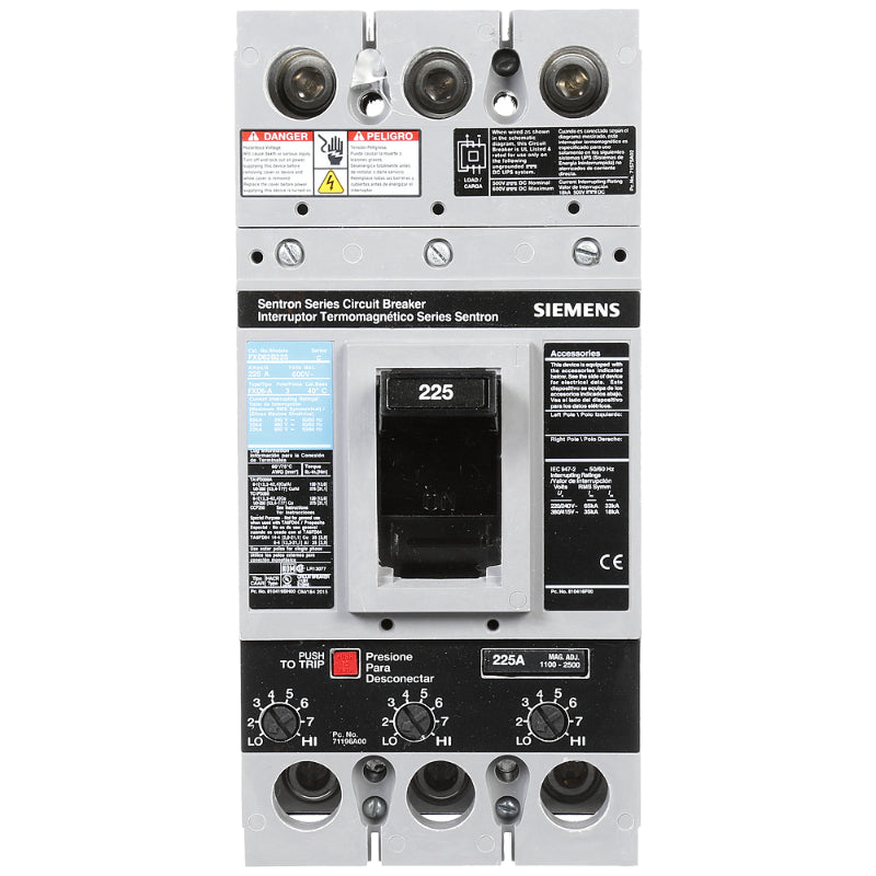 FXD63B225L Siemens Sentron & FXD6-A Molded Case Circuit Breaker 225 A 3 Pole 600 VAC FD 250A Frame Thermal Magnetic Line and Load Side Lug 65 kA