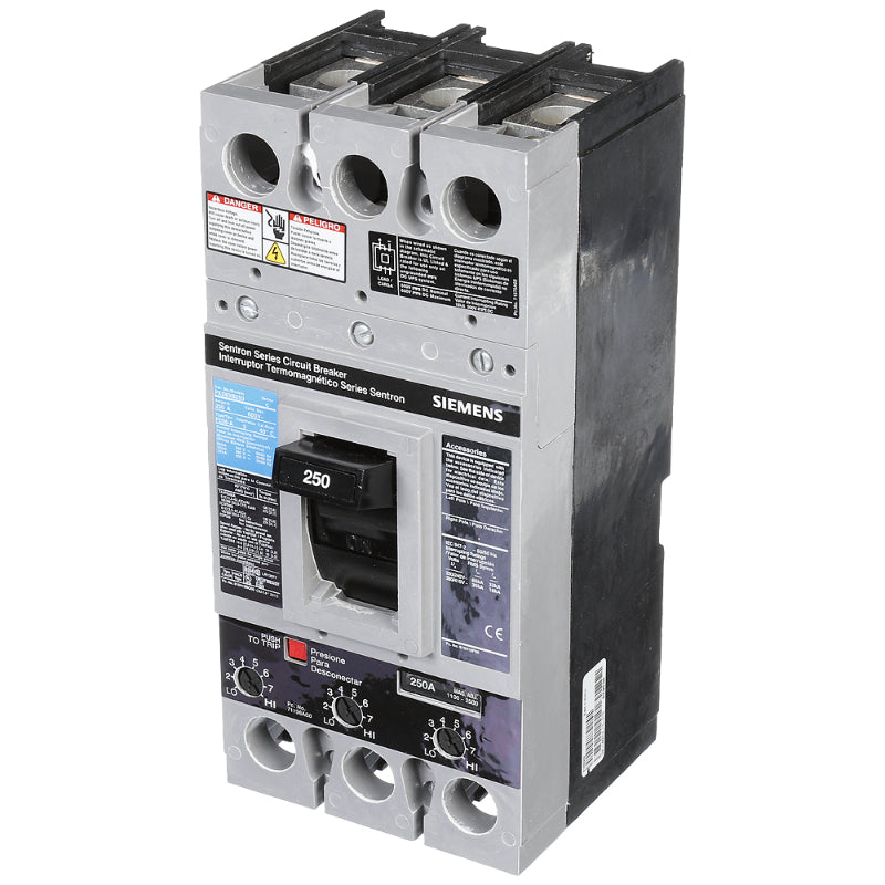 FXD63B250L Siemens Sentron & FXD6-A Molded Case Circuit Breaker 250 A 3 Pole 600 VAC FD 250A Frame Thermal Magnetic Line and Load Side Lug 65 kA