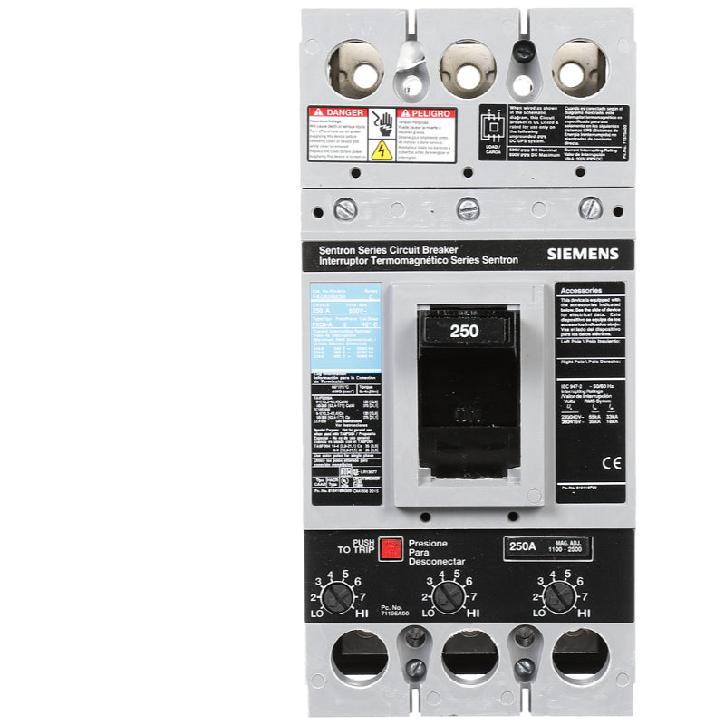 FXD63B250 Siemens Sentron & FXD6-A Molded Case Circuit Breaker 250 A 3 Pole 600 VAC FD 250A Frame Thermal Magnetic 65 kA
