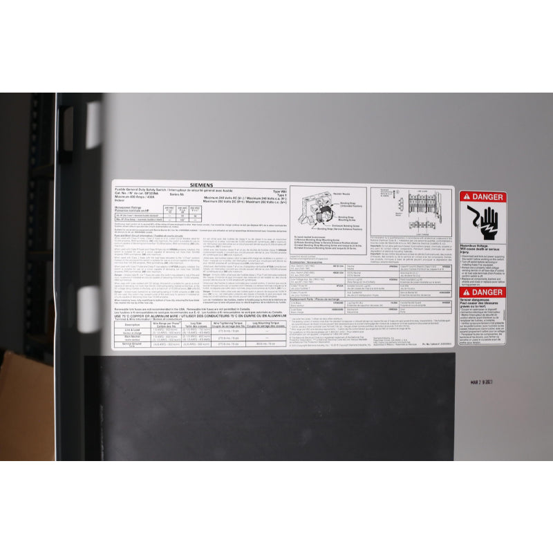 GF325NA Siemens A & VBII Series Safety Switch 240 V 400 A Fusible 3PST 3 Pole