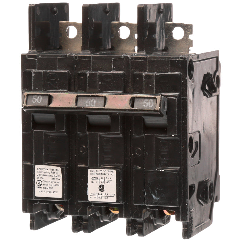 HB3B050 Siemens HBQ Molded Case Circuit Breaker 50 A 3 Pole 120/240 VAC HBQ Frame Thermal Magnetic Load Side Lug 65 kA