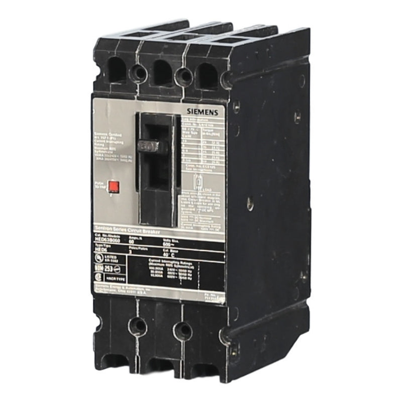HED63B060 Siemens Sentron HED6 Molded Case Circuit Breaker 60 A 3 Pole 600 VAC ED Frame Thermal Magnetic Load Lug 100 kA