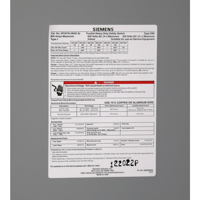 HF367N Siemens VBII Series Safety Switch 600 VAC 800 A Fusible 3PST 3 Pole