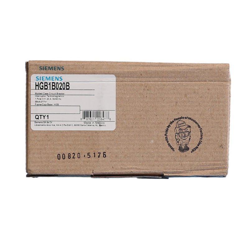 HGB1B020B Siemens HGB Molded Case Circuit Breaker 20 A 1 Pole 347 VAC GB 125A Frame Thermal Magnetic Load Side Lug 35 kA