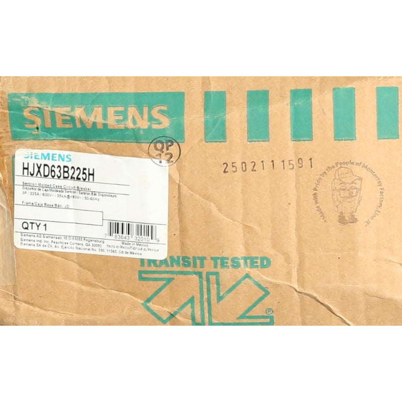 HJXD63B225H Siemens Sentron HJXD6 Molded Case Circuit Breaker 225 A 3 Pole 600 VAC JD 400A Frame 100 kA