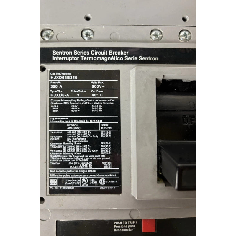 HJXD63B350 Siemens Sentron HJXD6 Molded Case Circuit Breaker 350 A 3 Pole 600 VAC JD 400A Frame Thermal Magnetic 100 kA