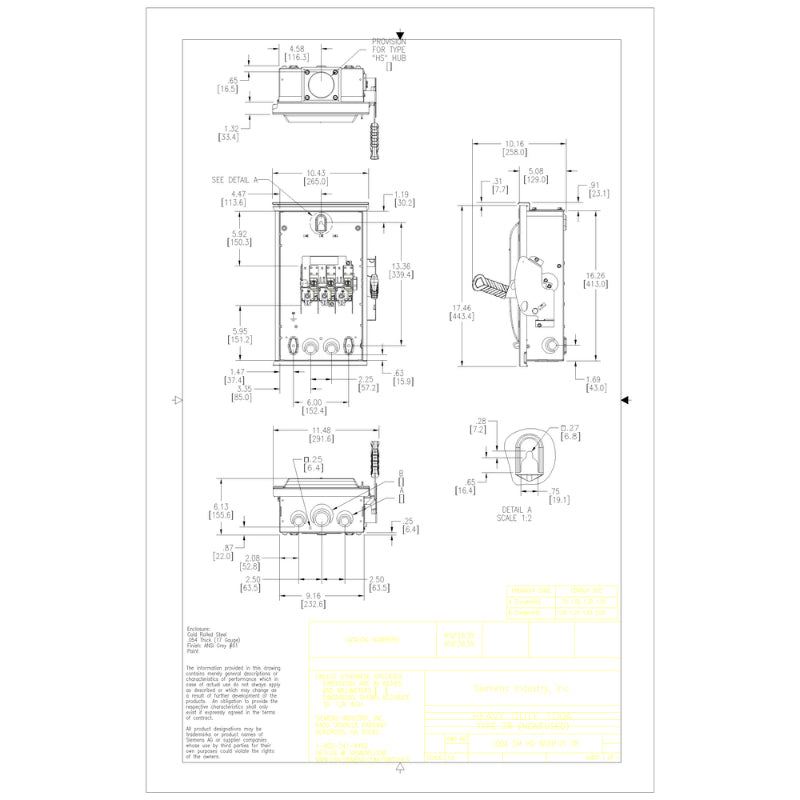 HNF363R Siemens VBII Series Safety Switch 600 VAC 100 A Non-Fusible 3PST 3 Pole Galvanized Steel