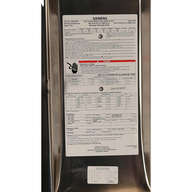 HNF363S Siemens VBII Series Safety Switch 600 VAC 100 A Non-Fusible 3PST 3 Pole 304 Stainless Steel