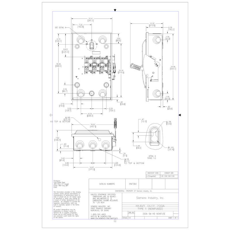 HNF364 Siemens VBII Series Safety Switch 600 VAC 200 A Non-Fusible 3PST 3 Pole