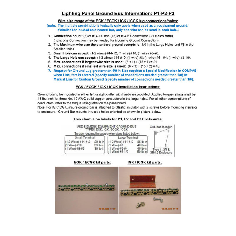 IGK Siemens Isolated Ground Bus Kit For Type P1 P2 P3 Panel Board