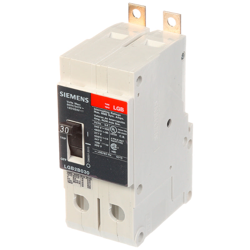 LGB2B030B Siemens LGB Molded Case Circuit Breaker 30 A 2 Pole 600Y/347 VAC GB 125A Frame Thermal Magnetic Load Side Lug 100 kA