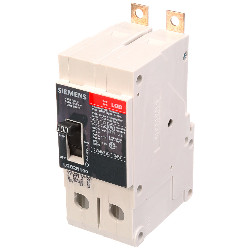 LGB2B100B Siemens LGB Molded Case Circuit Breaker 100 A 2 Pole 600Y/347 VAC GB 125A Frame Thermal Magnetic Load Side Lug 100 kA