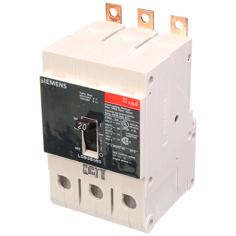 LGB3B020B Siemens LGB Molded Case Circuit Breaker 20 A 3 Pole 600Y/347 VAC GB 125A Frame Thermal Magnetic Load Side Lug 100 kA