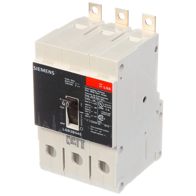 LGB3B040B Siemens LGB Molded Case Circuit Breaker 40 A 3 Pole 600Y/347 VAC GB 125A Frame Thermal Magnetic Load Side Lug 100 kA
