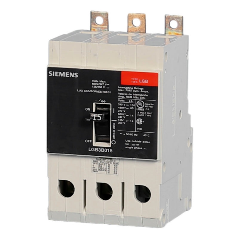 LGB3B060B Siemens LGB Molded Case Circuit Breaker 60 A 3 Pole 600Y/347 VAC GB 125A Frame Thermal Magnetic Load Side Lug 100 kA
