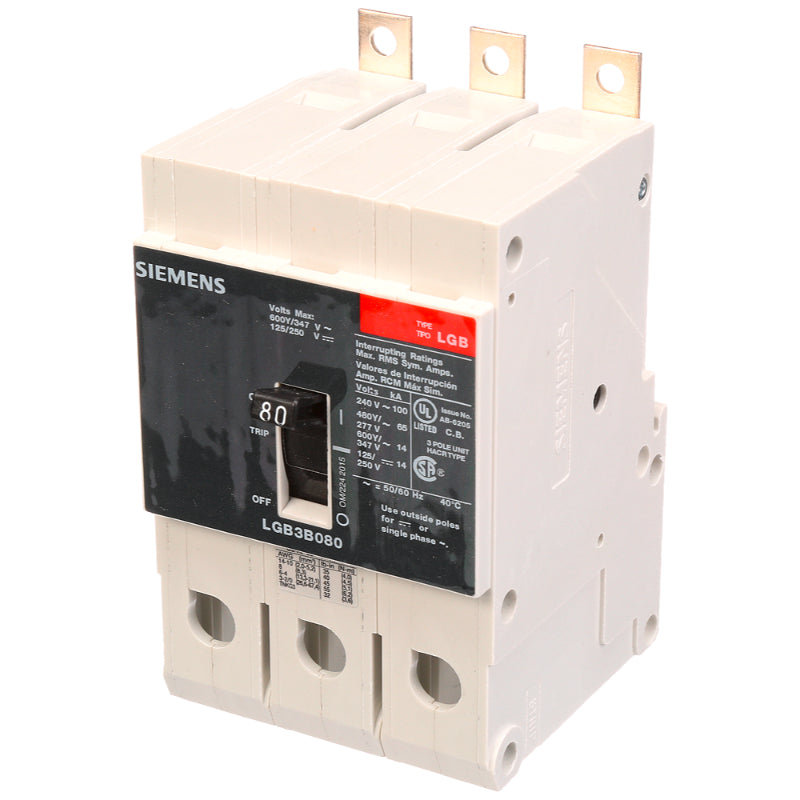 LGB3B080B Siemens LGB Molded Case Circuit Breaker 80 A 3 Pole 600Y/347 VAC GB 125A Frame Thermal Magnetic Load Side Lug 100 kA