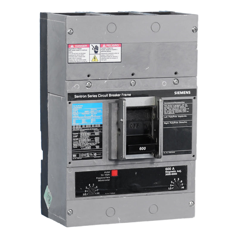 LXD62B600 Siemens Sentron & LXD6-A Molded Case Circuit Breaker 600 A 2 Pole 600 VAC LD 600A Frame Thermal Magnetic 65 kA