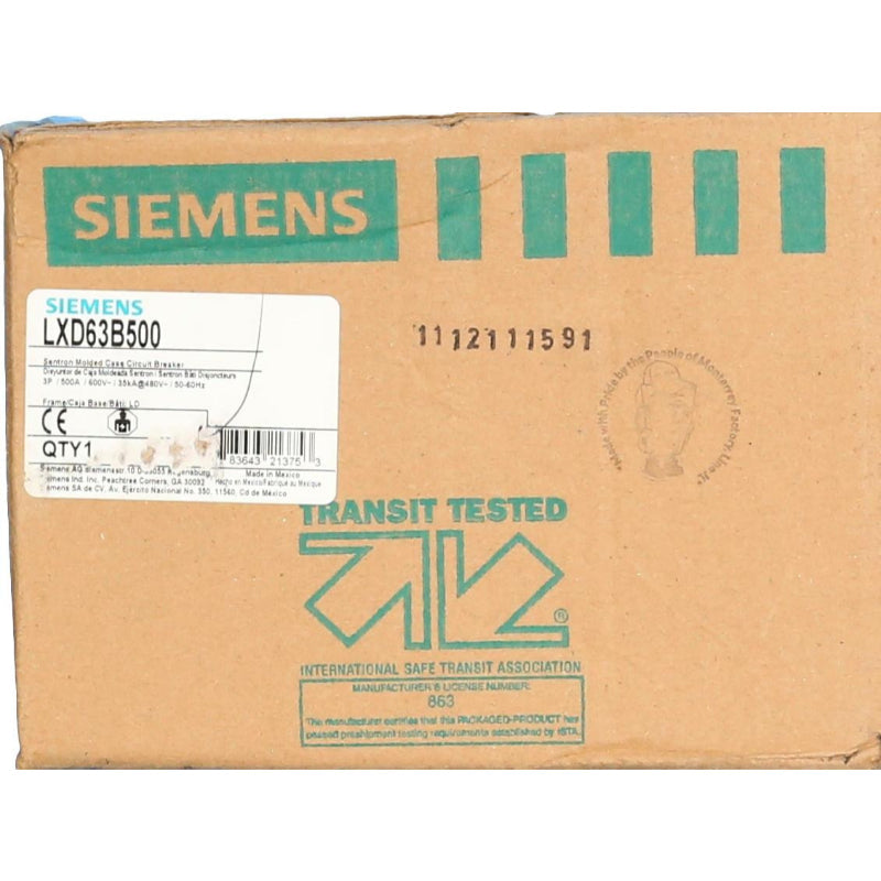 LXD63B500 Siemens Sentron & LXD6-A Molded Case Circuit Breaker 500 A 3 Pole 600 VAC LD 600A Frame Thermal Magnetic 65 kA