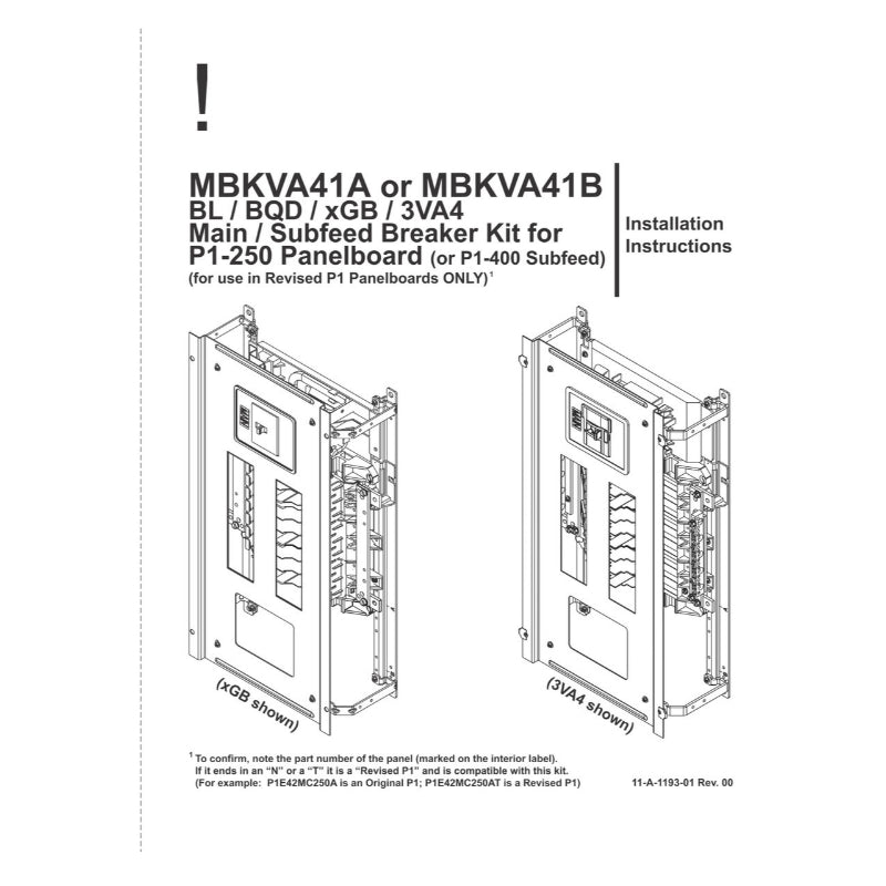 MBKVA41B Siemens Main or Subfeed Breaker Kit 125 A Revised P1 Panel For BL/BQD/GB/3VA4 Circuit Breaker
