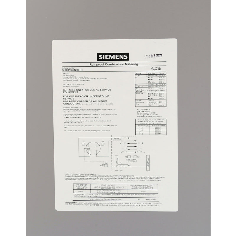 MC0816B1200TH Siemens Double Hub Meter Load Center 240 V 200 A 16 Circuit Single Phase Gray