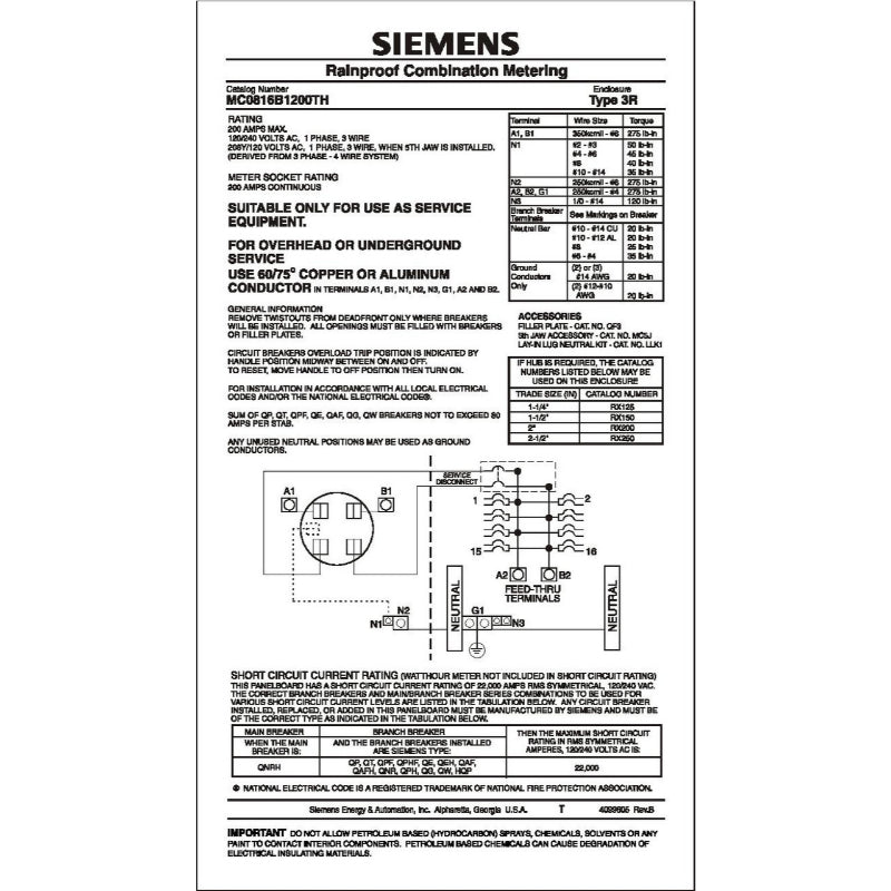 MC0816B1200TH Siemens Double Hub Meter Load Center 240 V 200 A 16 Circuit Single Phase Gray