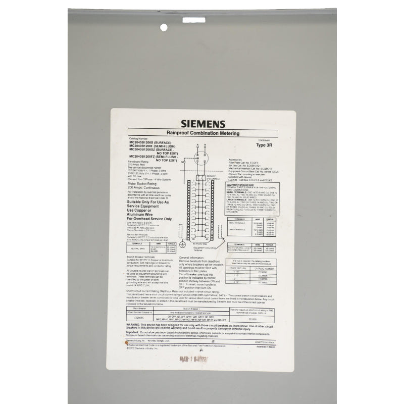 MC2040B1200F Siemens Low Voltage Meter Load Center 200 A 40 Circuit Single Phase Gray